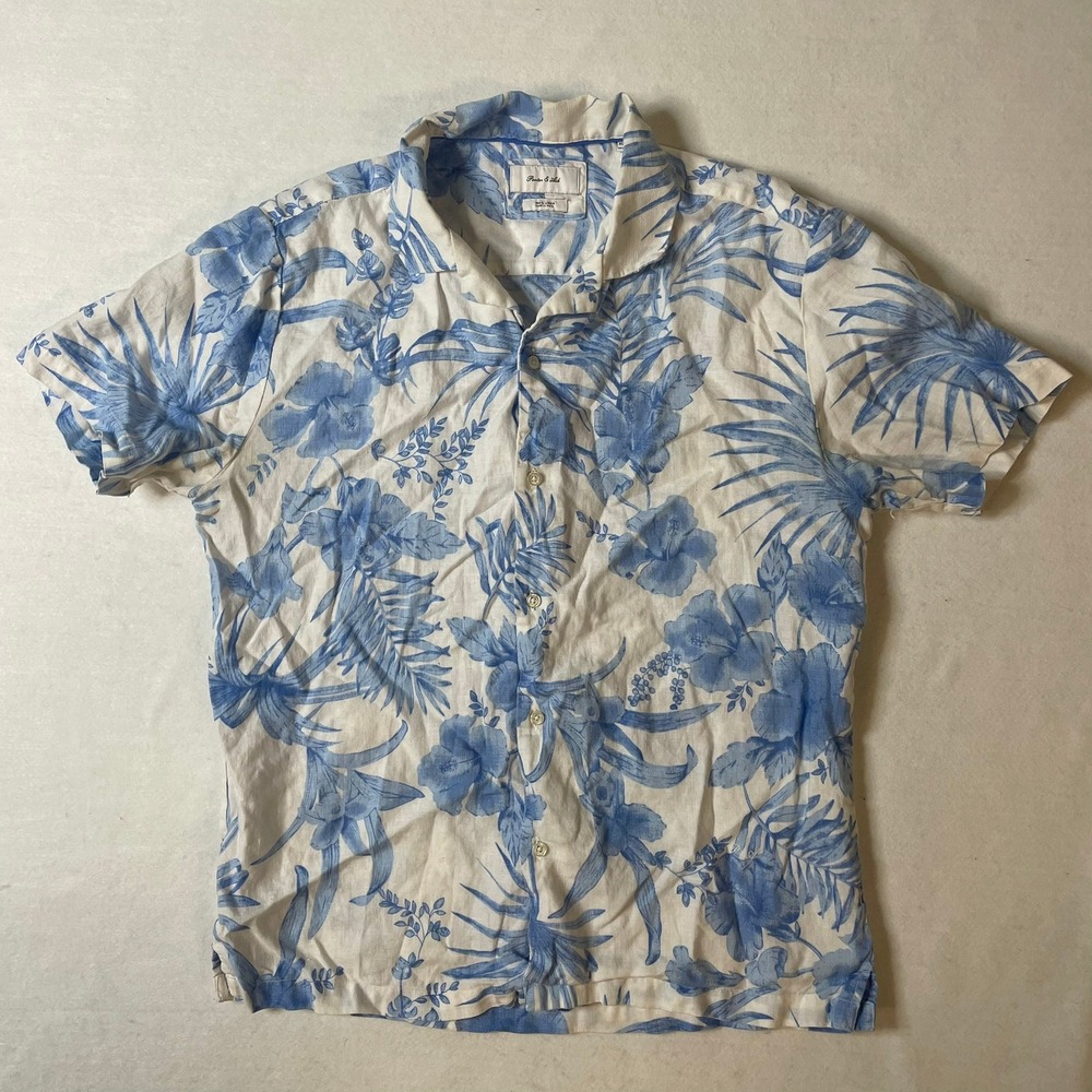 Porter & Ash Mens Medium Linen Shirt Blue‎ Floral Tropical Hawaiian Button Up